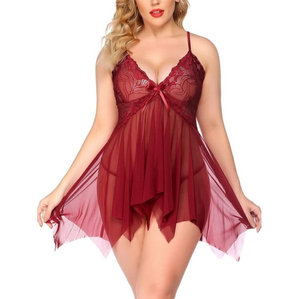 Chama Plus Size Lingerie Lace Babydoll Sexy V Neck Mesh Sleepwear Set - Picture 3 of 8